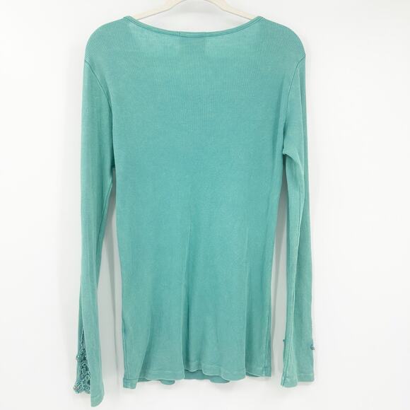 How Cute Womens VTG Vintage Y2K Rhinestone‎ Crochet Rib Long Sleeve Henley Top L - Picture 6 of 6